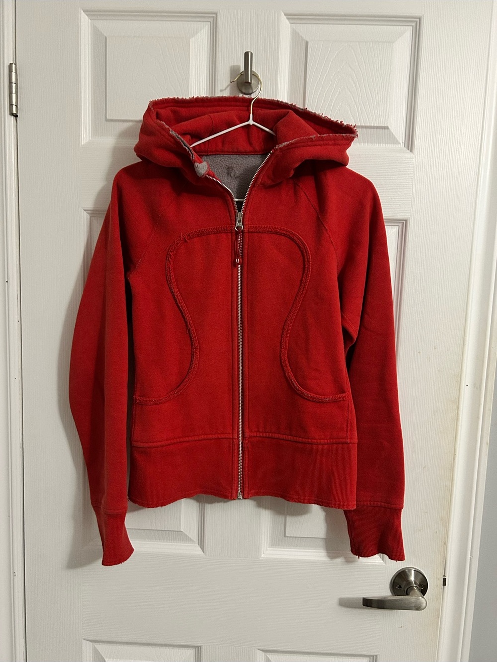 Lululemon Red Scuba Hoodie Fleece-Lined Distressed Detail Size 4